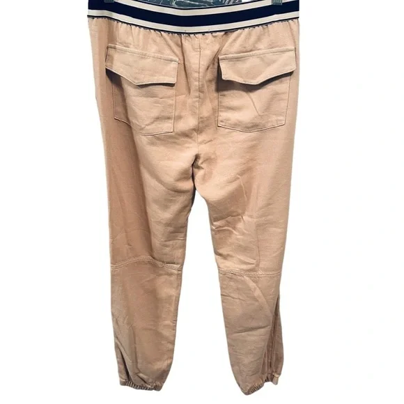 MONROW Taupe Jogger Pants Size Small Pull On Striped Waistband Neutral Beige - Picture 2 of 6